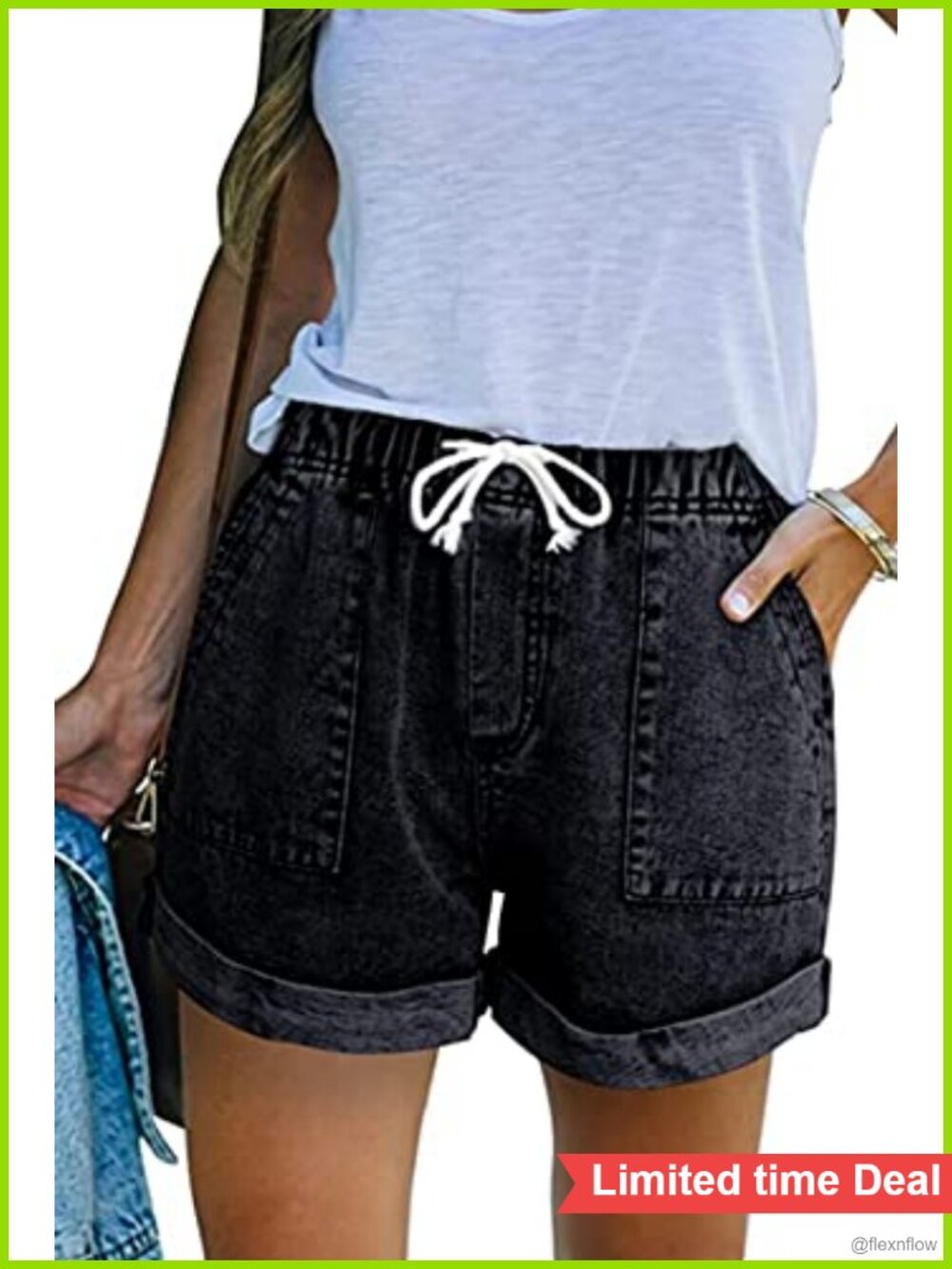 High Waisted Denim Shorts Ripped Stretchy Drawstring Elastic Waist Jean
